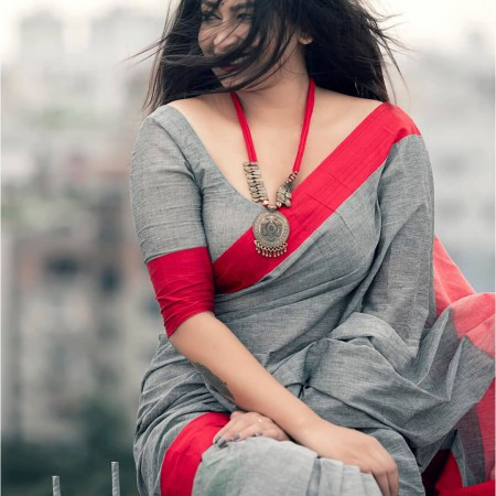 Ash Red Color Cotton Saree With Blouse